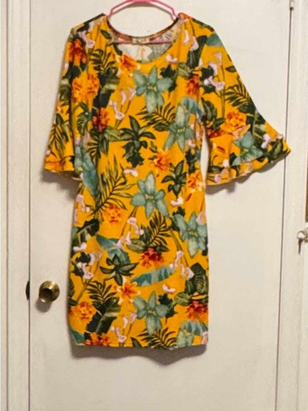 Yellow Tropical Print Mini Dress with Ruffle Sleeves